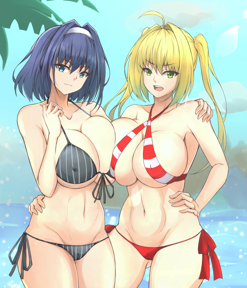Rule 34 – 2girls absurdres ahoge ass visible through thighs asymmetrical docking bangs bikini black bikini blonde hair blue eyes blue hair breast press breasts cameltoe cleavage covered nipples creator connection criss-cross halter crossover fate/grand order fate (series) hair between eyes hair intakes hairband halterneck hand around waist hand on hip hand on shoulder highres hololive hololive english large breasts long hair looking at viewer multiple girls navel nero claudius (fate) nero claudius (swimsuit caster) ocean open mouth ouro kronii outdoors red bikini short hair side-by-side side-tie bikini smile striped striped bikini swimsuit twintails vertical-striped bikini virtual youtuber water white hairband zone25388591 | 6455189