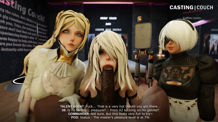 Rule 34 – 1boy 3girls alternate version at source android big breasts blindfold blonde hair clothing collaborative fellatio dark-skinned male dark skin eye contact fellatio female female focus foursome gloves interracial light-skinned female light skin looking at viewer male nier: automata oral pov seductive eyes seductive mouth sex straight text tscd rendering white hair yorha 2b yorha a2 yorha commander | 7325701