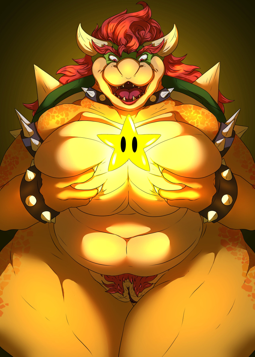 Rule 34 – absurd res anthro big breasts bowser bracelet breast grab breasts collar female female bowser genitals green body hair hand on breast hi res horn jewelry koopa long hair mario (series) nintendo not furry nude open mouth pussy red hair rule 63 scalie sharp teeth shell smile solo spiked bracelet spiked collar spiked shell spikes spikes (anatomy) standing star super mario bros. super mario bros. (2023 film) teeth tolerain turtle shell yellow body | 7224977