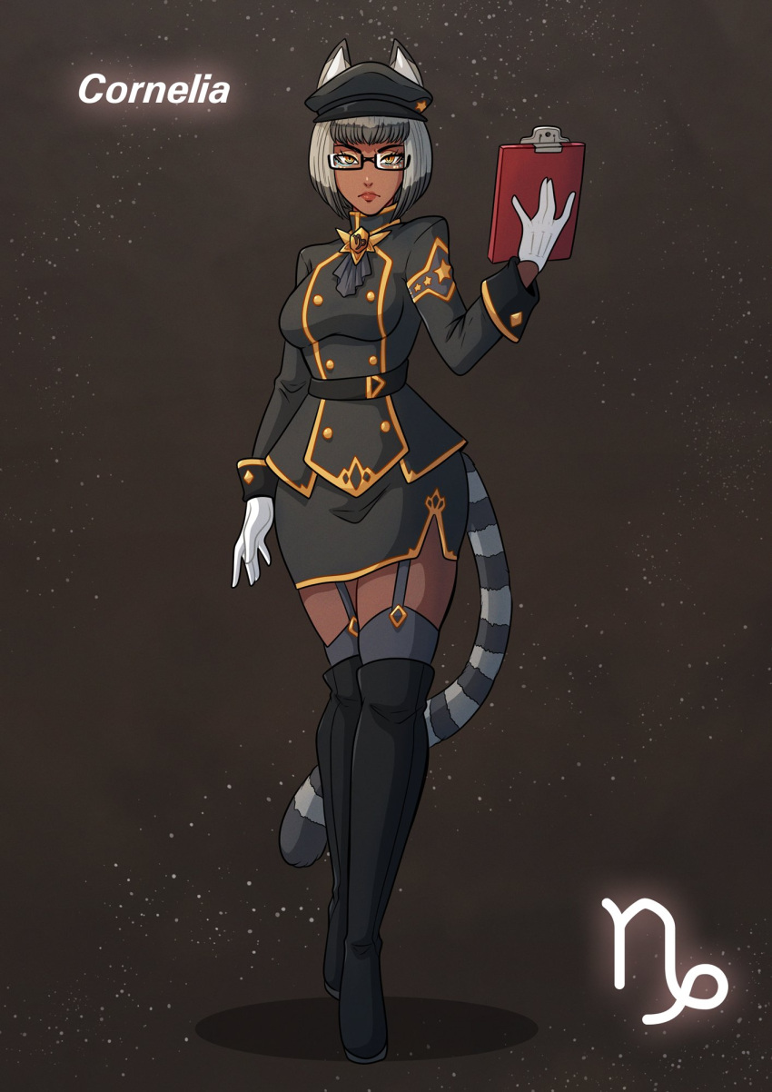Rule 34 – 1girls bangs bob cut capricorn (zodiac) cat ears cat tail cornelia (kinkymation) dark-skinned female dark skin female female only garter straps glasses gloves grey hair grey legwear hi res high boots kinkymation legwear looking at viewer medium hair orange eyes portrait slit pupils solo tail unamused uniform zodiac zodicat | 7251483