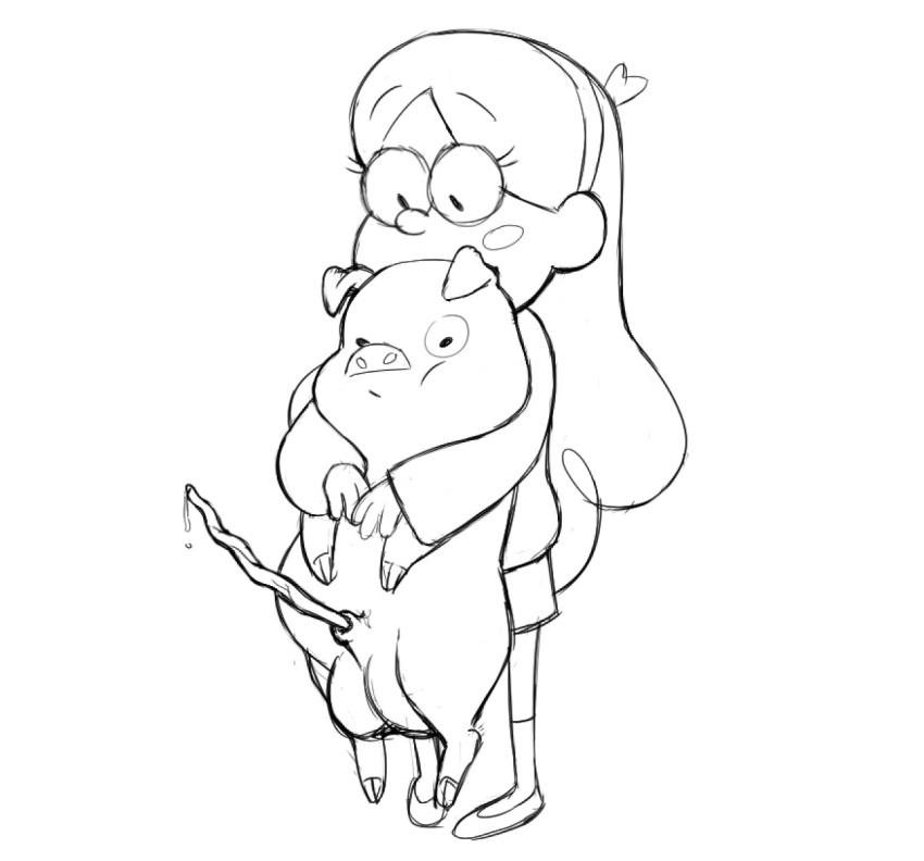 Rule 34 – accessory blush blush stickers bottomwear clothing disney duo erection female gravity falls hair accessory hairband hi res human mabel pines male male/female mammal monochrome pig simple background skirt waddles (gravity falls) white background | 7344509