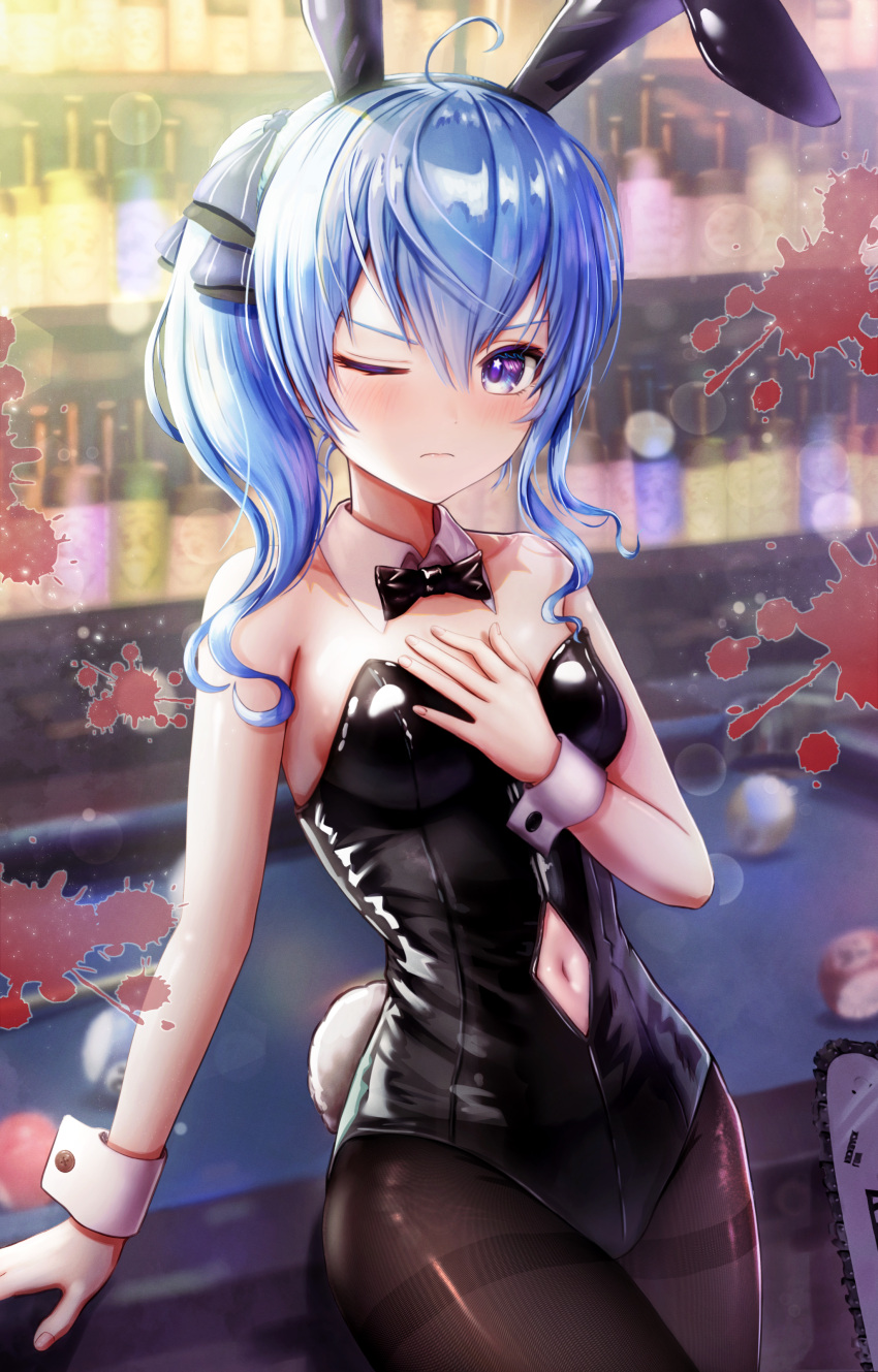Rule 34 – absurdres animal ears antenna hair bare arms bare shoulders black leotard black pantyhose blood blue eyes blue hair blurry blush bokeh bow bowtie breasts brown pantyhose bunnysuit chainsaw closed mouth commentary request cowboy shot depth of field detached collar eyelashes fake animal ears fake tail female fingernails hair between eyes hair ornament hair ribbon hand on own chest highleg highleg leotard highres hololive hoshimachi suisei indoors leotard looking at viewer medium hair one eye closed pantyhose partial commentary playboy bunny pool table rabbit tail revision ribbon shadow shiny clothes small breasts solo star (symbol) star in eye strapless strapless leotard symbol-shaped pupils symbol in eye table tail thighs traditional bowtie virtual youtuber wajuniorbox wrist cuffs | 7352786