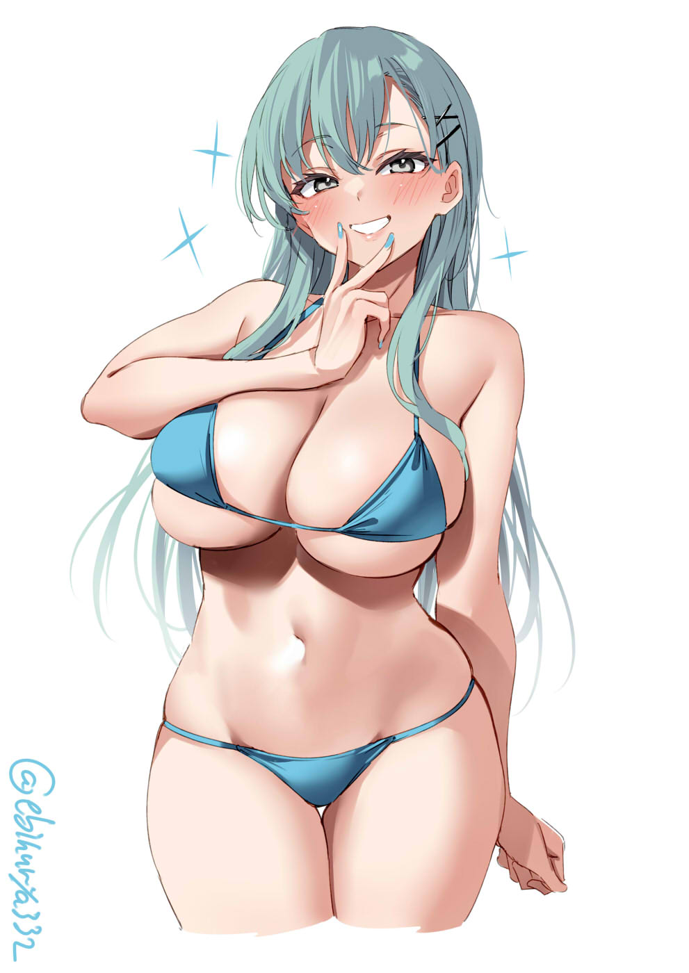Rule 34 – aqua bikini aqua eyes aqua hair aqua nails bangs bare shoulders bikini blush breasts cleavage collarbone cowboy shot cropped legs ebifurya female grin hair between eyes hair ornament hairclip highres kantai collection large breasts long hair looking at viewer nail polish navel one-hour drawing challenge simple background skindentation smile solo sparkle suzuya (kantai collection) swimsuit thigh gap thighs twitter username underboob v v over mouth white background | 7485282
