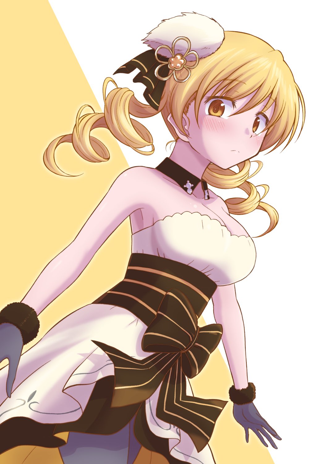 Rule 34 – 1girls alternate costume arms at sides bare arms black bow black gloves black pantyhose blonde hair bow breasts cleavage closed mouth collarbone cowboy shot detached collar dress drill hair dutch angle expressionless fashion feathers flower gloves hair flower hair ornament hairpin highres human human only large breasts layered dress light blush looking at viewer mahou shoujo madoka magica mami tomoe pantyhose puella magi madoka magica scrunchie shiny skin shy sideways glance simple background solo soul gem strapless strapless dress striped striped bow tomoe mami touyu (yuruyuruto) twin drills two-tone background upper body waist bow white background white dress wide-eyed yellow background yellow eyes yellow theme | 7480074