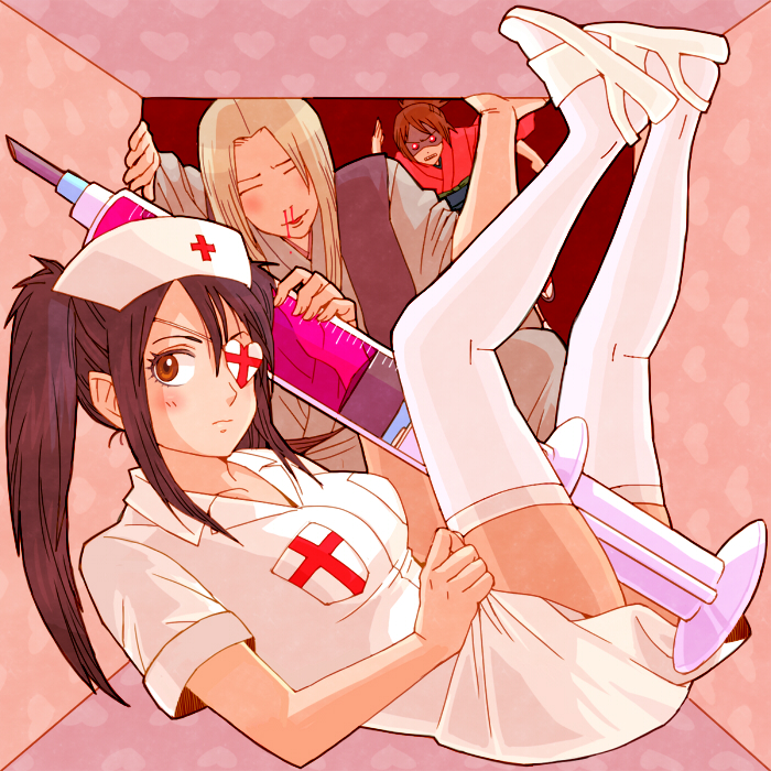 Rule 34 – 1boy 2girls 3mm alternate costume black hair blush brown eyes eye patch female female focus gintama in box in container legs up long hair looking at viewer male nosebleed nurse nurse cap nurse uniform on back pervert shimura tae solo focus syringe thighhighs toujou ayumu twintails white legwear white thighhighs yagyuu kyuubei zettai ryouiki | 7442421