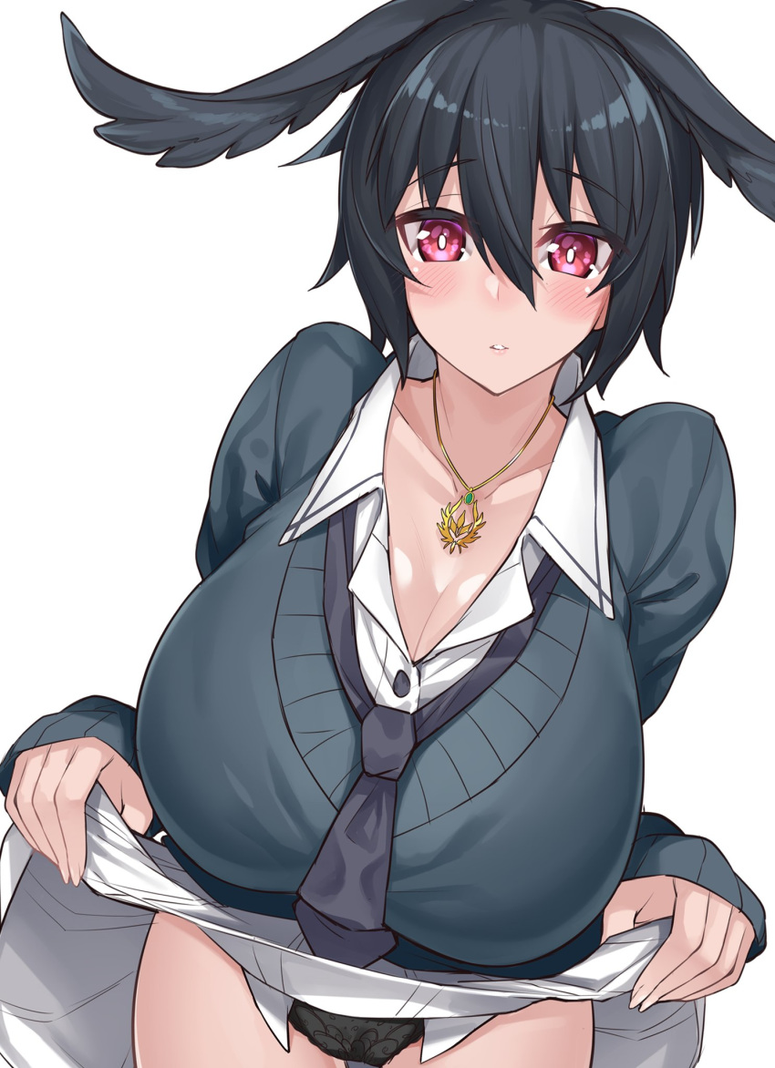 Rule 34 – 1girls black lace panties blush collarbone dark hair eyebrows eyebrows visible through hair eyelashes eyelashes visible through hair fate/grand order fate (series) head wings lace-trimmed panties lace trim large breasts looking at viewer miniskirt lift ortlinde (fate) panties school uniform schoolgirl short hair skirt skirt lift unbuttoned shirt valkyrie (fate) watosu (watosu mama) white miniskirt white skirt wings wings on head | 3665771