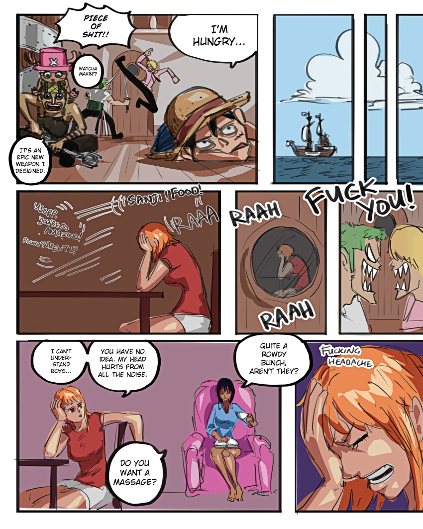 Rule 34 – 2girls aliasartwork arguing comic comic page female male monkey d luffy nami (one piece) nico robin one piece roronoa zoro speech bubble text tony tony chopper usopp vinsmoke sanji | 7033382