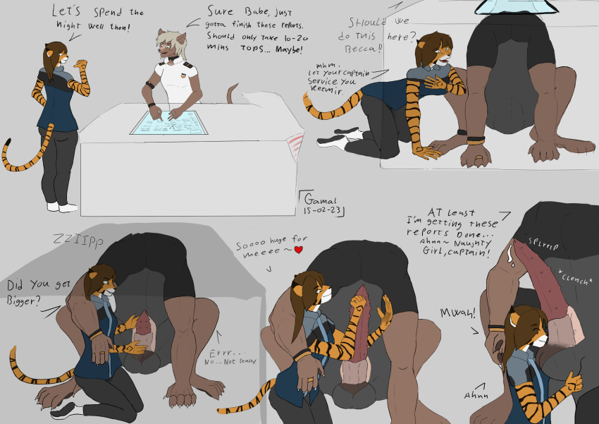 Rule 34 – absurd res animal genitalia anthro artist gamal bodily fluids clothing comparing dialogue dripping duo felid female furry gamal genital fluids genitals herm hi res intersex intersex/female keemir (gamal) mammal navy uniform penile penile spines penis penis worship precum precum drip rebecca skies science fiction servicing from below sheath size difference speech bubble stripes taur uniform | 7454353