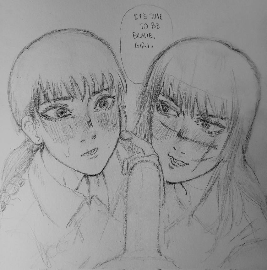 Rule 34 – 1girls 2girls blush chainsaw man collared shirt denji (chainsaw man) finger on cheek gritty hotdog (artist) imminent oral long hair mitaka asa ponytail scar sweat text traditional media (artwork) yoru (chainsaw man) | 7381918