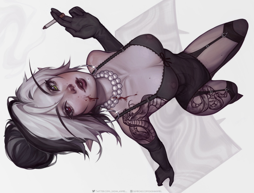 Rule 34 – 1girls absurd res arm gloves black hair blood blood on face cigarette earrings elf elf ears elf female female female only garter straps green eyes heterochromia light-skinned female light skin lingerie long eyebrows looking at viewer nipples nipples visible through clothing pearl necklace pointy ears red eyes sasha khmel see-through see-through clothing sitting solo solo focus stockings tattoo tattooed arm tattooed leg tied hair two tone hair viewed from above white background white hair zoelie (sasha khmel) | 7409678