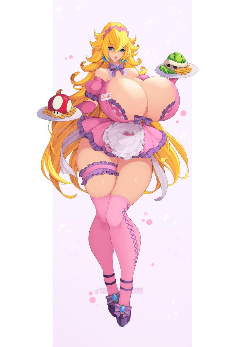 Rule 34 – 1girls 2023 apron bad proportions bakunyuu bimbo blonde hair blue eyes breasts cleavage dress female female only frilled thigh strap full cleavage hair strand hi res high heels huge breasts impossible clothes long hair looking at viewer mario (series) mushroom name tag pink clothing pink dress pink legwear pink socks pink thigh socks plate plater princess peach shell solo super mario bros. thick thighs thigh socks thighhighs tundromaiden turtle shell waitress white background wide hips work uniform | 7245585