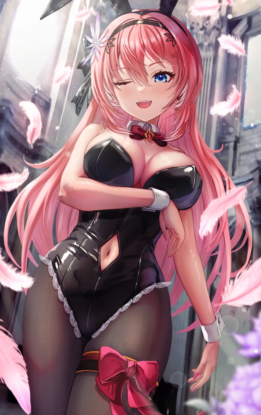 Rule 34 – 1girls :d absurdres animal ears bangs bare shoulders blue eyes blush bow bowtie breasts cleavage clothing cutout detached collar earrings fake animal ears falling feathers female frilled leotard frills hair between eyes hairband highres hololive jewelry large breasts leotard light-skinned female light skin long hair looking at viewer navel navel cutout one eye closed pantyhose pink hair playboy bunny rabbit ears smile solo strapless strapless leotard takane lui thigh bow virtual youtuber wajuniorbox wrist cuffs | 7398189