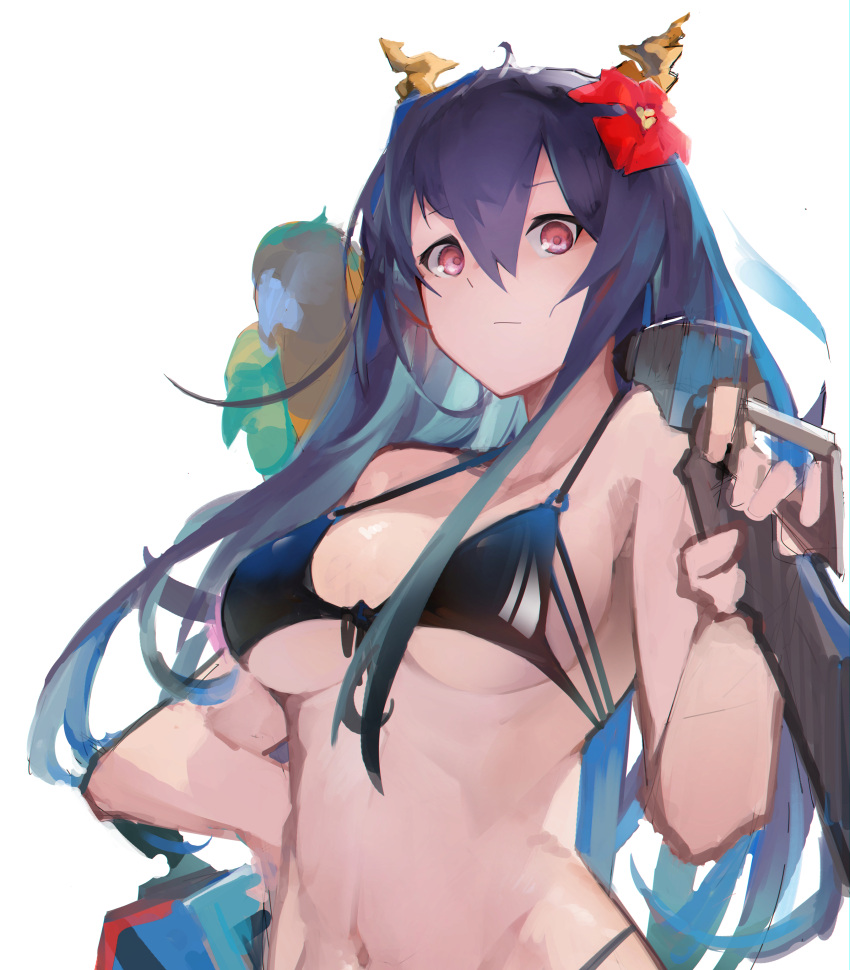 Rule 34 – absurdres animal animal on shoulder arknights attacking viewer bikini bird bird on shoulder black bikini blue hair breasts ch’en (arknights) ch’en the holungday (arknights) dragon horns eyebrows visible through hair female flower gun hair between eyes hair flower hair ornament highres holding horns jumbowhopper long hair looking at viewer medium breasts navel no hat no headwear official alternate costume over shoulder parrot red eyes red flower simple background sketch solo swimsuit underboob undersized clothes upper body weapon weapon over shoulder white background | 5734101
