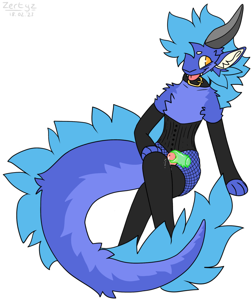 Rule 34 – anthro armwear big tail black clothing black legwear black thigh highs blue body blue fur blue hair bodily fluids bottomwear choker clothing collar crossed legs cum disembodied hand dragon elbow gloves fishnet fishnet clothing fishnet legwear footwear fur furred dragon genital fluids genitals ghost hands girly gloves hair handwear hi res horn humanoid genitalia humanoid penis jewelry legwear legwear only male masturbation necklace orange eyes penis sex toy simple background smile socks solo tail thigh highs thigh socks vibrator white background zertyz zertyz (character) | 7460951