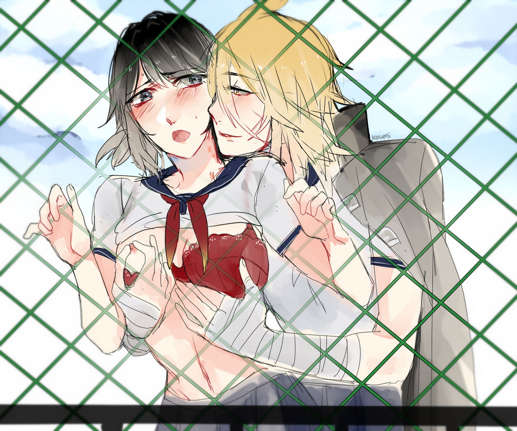 Rule 34 – 2girls asian ayano aishi bandaged arms bandages black eyes black hair black jacket blonde hair blush exposed breasts gate jacket japanese koumi-senpai nipple pinch osoro shidesu red bra scar on face shirt lift yandere simulator yellow eyes yuri | 6123337