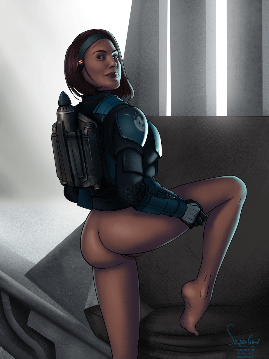 Rule 34 - 1girls Armor Ass Barefoot Blue Clothing Bo-katan Kryze Bottomless  Bottomless Female Chair Clothing Eyes Feet Female Female Only Genitals  Gloves Hair Half-dressed Headband Headgear Human Human Only Indoors Jetpack