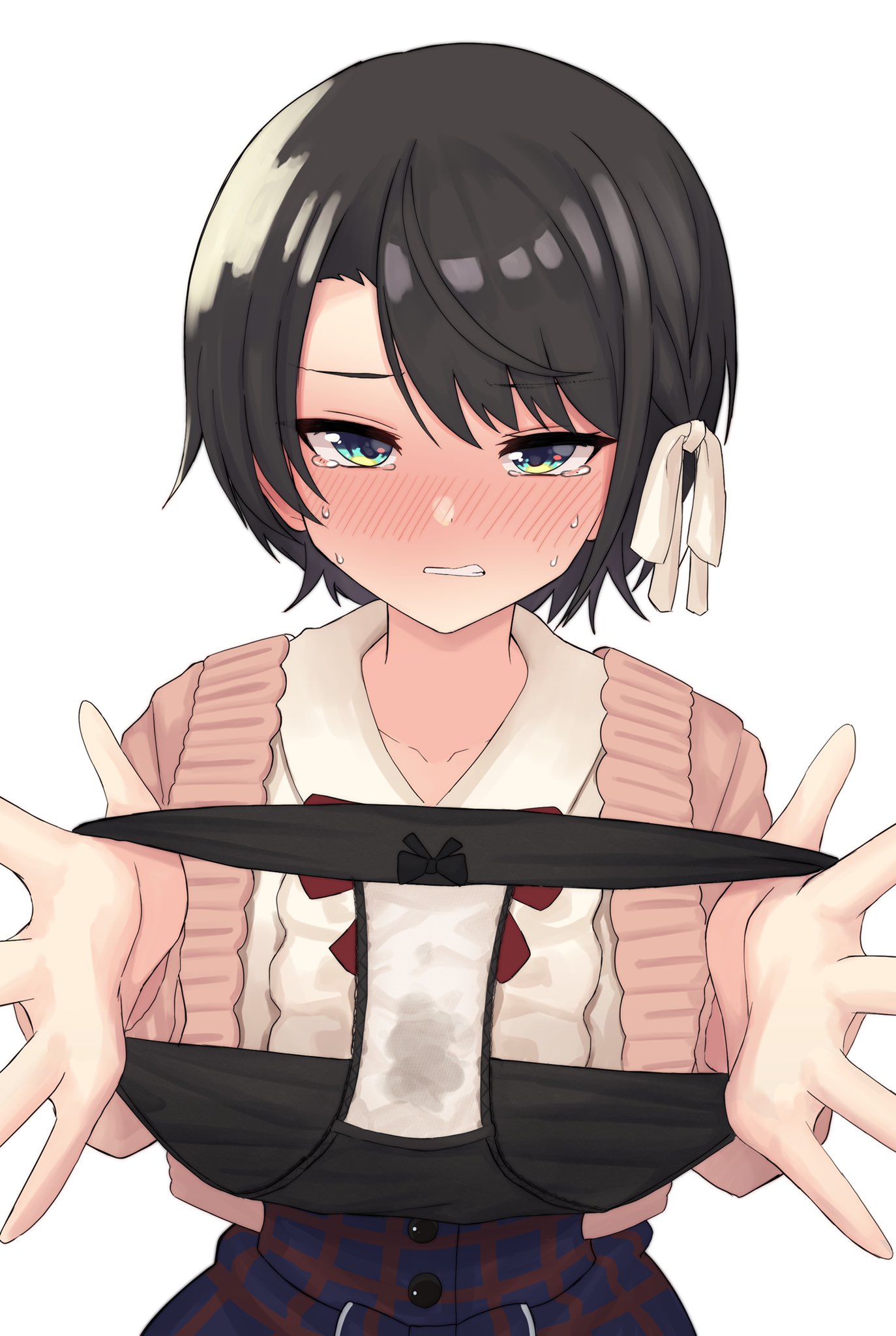 Rule 34 – black hair black panties blush embarrassed female green eyes hair ribbon highres holding holding clothes holding panties holding underwear looking at viewer oozora subaru panties presenting panties pussy juice stain ribbon shirt skirt solo standing sweat underwear we4ge wet wet clothes wet panties white background | 7600038