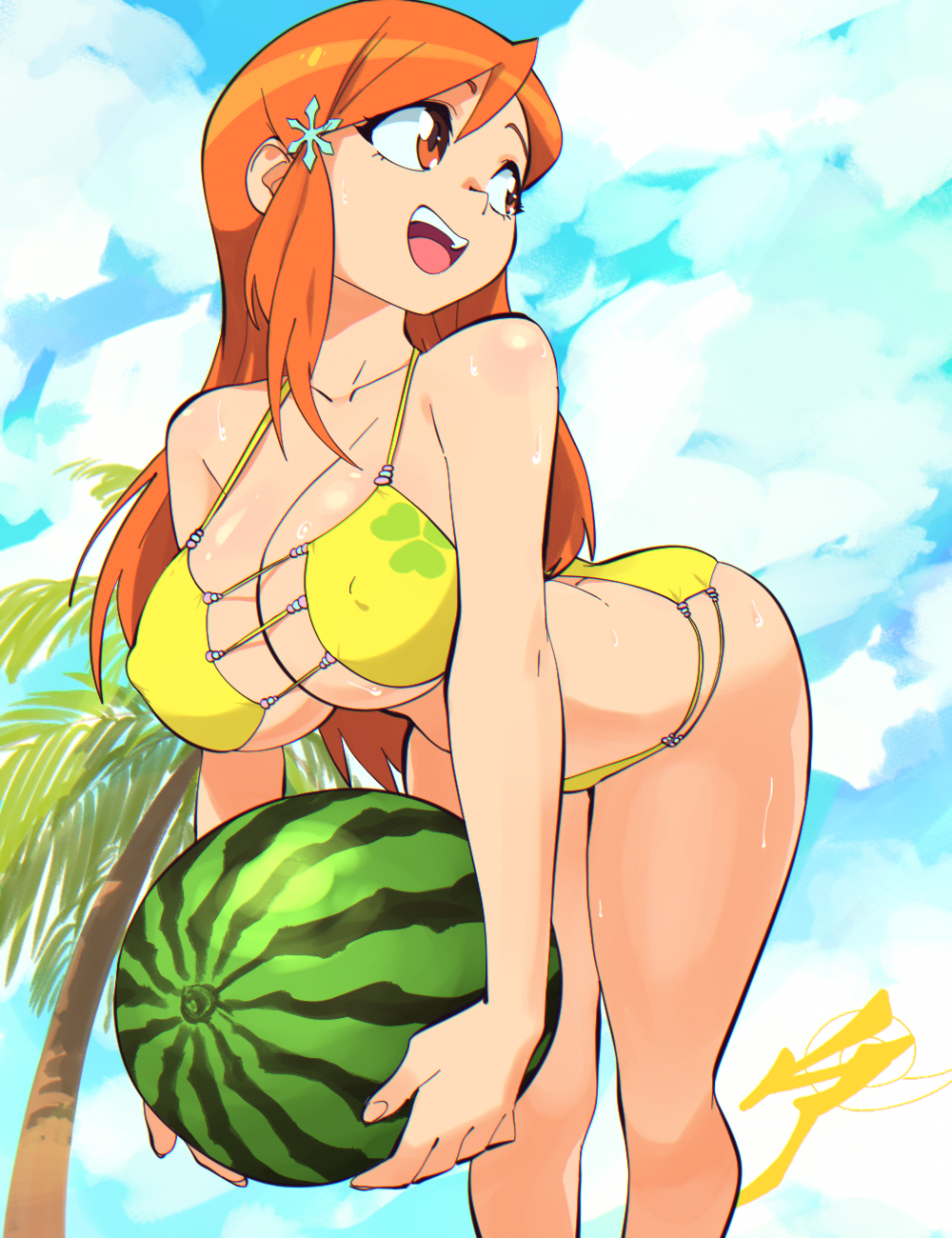 Rule 34 – 1girls aetherion art bare arms bare legs bare shoulders beach bikini bleach breasts bust busty carrying carrying object cleavage collarbone female female only food fruit highres holding object inoue orihime large breasts leaning forward legs long hair nipples open mouth oppai orange eyes orange hair outdoors puffy nipples revealing bikini revealing swimsuit skimpy skimpy bikini smile solo solo focus sweat sweaty body swimsuit watermelon yellow bikini | 6415995