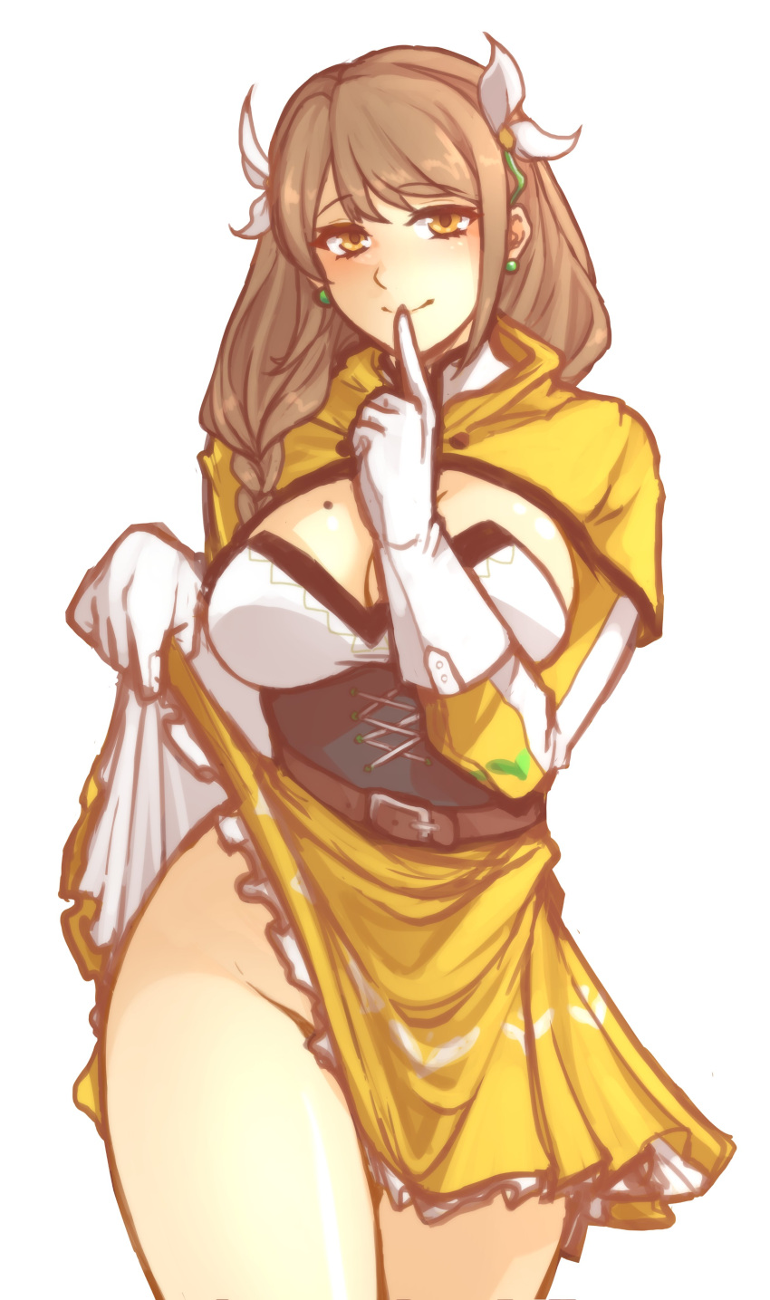Rule 34 – 1girls absurdres bangs bare thighs bottomless braid breasts brown hair cleavage clothes lift corset female female female only finger to mouth fire emblem fire emblem engage gloves goldmary (fire emblem) hair ribbon highres large breasts long hair looking at viewer mole mole on breast nintendo no panties ribbon seductive smile shushing skirt skirt lift smile solo teasing thighs tridisart white gloves white ribbon yellow eyes | 7549270