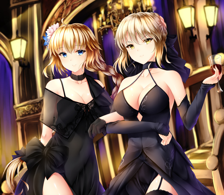 Rule 34 – 2girls ahoge alcohol arm behind back armpit peek artoria pendragon bangs bare shoulders black bow black choker black gloves black legwear black ribbon blonde hair blue eyes blue flower blurry blurry background bow braid breasts chandelier choker cleavage closed mouth collarbone covered navel cowboy shot cup detached sleeves dress drinking glass eyebrows visible through hair fate/apocrypha fate/grand order fate (series) female floating hair flower french braid garter straps gloves hair between eyes hair flower hair ornament hair ribbon halterneck highres holding holding cup holding drinking glass indoors jeanne d’arc (fate) lamp large breasts locked arms looking at viewer multiple girls pink flower ribbon see-through short hair sidelocks single braid sleeveless sleeveless dress smile standing thighhighs tsurime v-shaped eyebrows wine wine glass wsman yellow eyes | 5322312