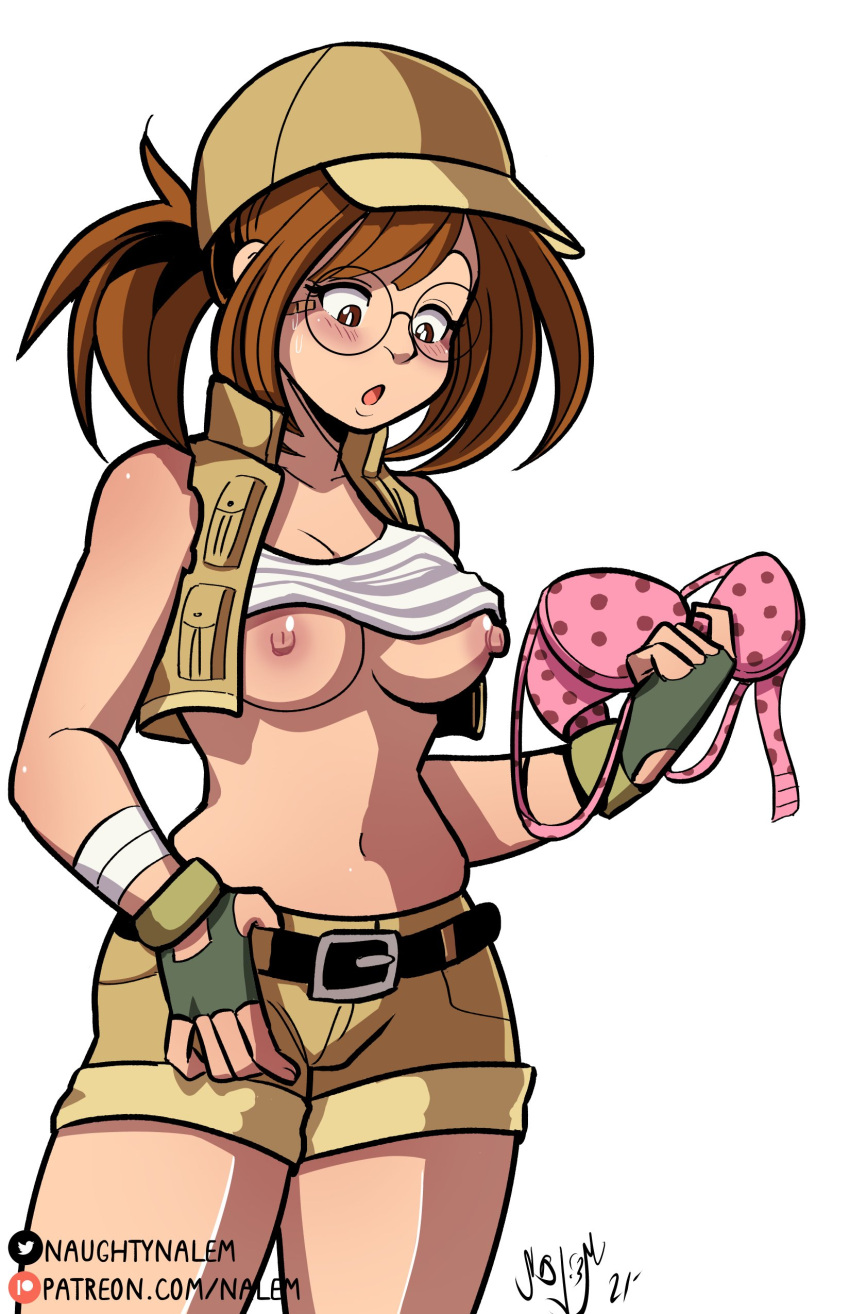 Rule 34 – 1girls 2020s 2021 adult areolae belt black belt blush bra bra removed breasts breasts out brown eyes brown hair cap cleavage erect nipples exposed breasts female female only female soldier fingerless gloves fio germi glasses green handwear hat lifted top long hair looking down metal slug nalem navel nipples open mouth plain background ponytail round glasses shiny skin shirt up shorts solo sweat sweatdrop sweaty face tan bottomwear tan headwear tied hair tomboy visor cap white background white topwear | 4993097