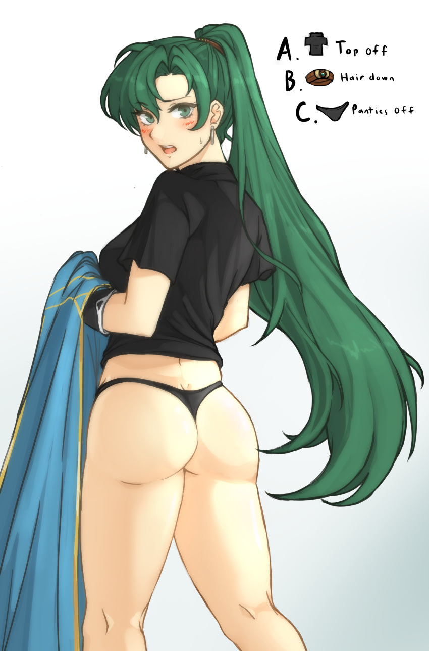 Rule 34 – 1girls ass bare legs big ass black panties breasts earrings female female only fire emblem fire emblem: the blazing blade gloves green eyes green hair large breasts long hair looking at viewer looking back lyn (fire emblem) meme nintendo panties ponytail shirt solo stripping tridisart twitter strip game (meme) underwear undressing very long hair | 7580728