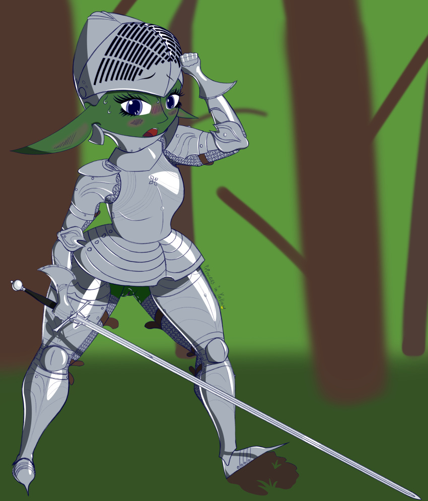 Rule 34 – armor blush exhibitionism exhibitionist forest goblin green skin knight medieval armour princess in yellow pussy pussy juice sword zweihander | 5817400