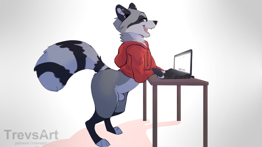 Rule 34 – absurd res animal genitalia blue eyes bottomless clothed clothing computer crop top digitigrade ear piercing facial markings fingerless (marking) fur genitals grey body grey fur head markings hi res hoodie industrial piercing laptop lucas (oonracc) male mammal markings mask (marking) piercing procyonid raccoon red clothing sheath shirt smile solo striped markings striped tail stripes tail tail markings thick thighs topwear trevart | 7584816