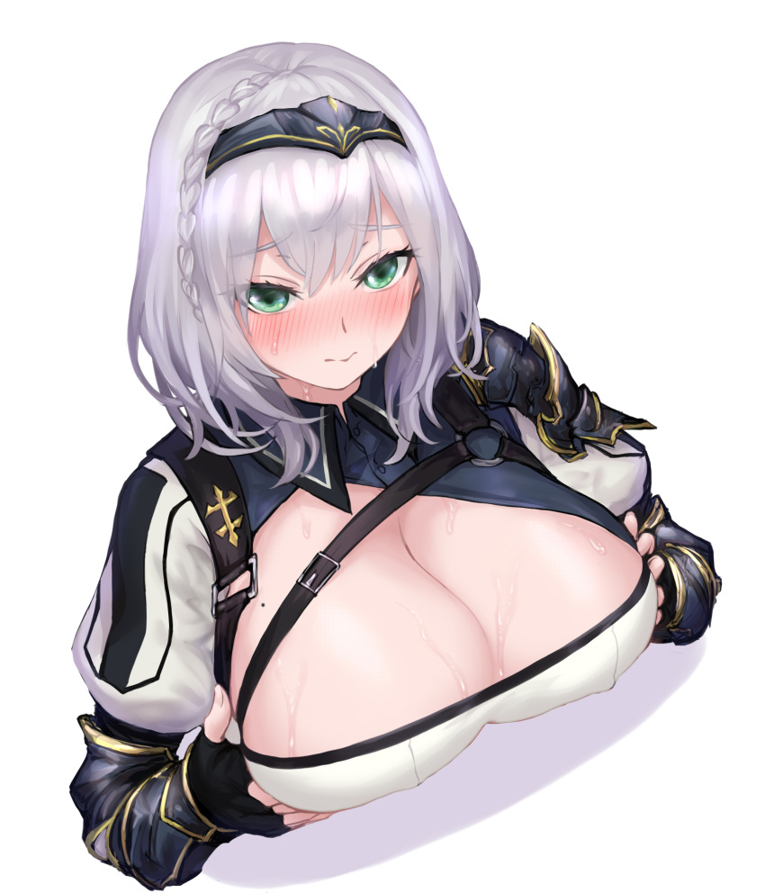 Rule 34 – armor bangs black gloves blush braid breasts breasts out chest belt chest harness chinese commentary circlet cleavage closed mouth collared dress commentary request covered nipples dress dutch angle eyebrows visible through hair female fingerless gloves french braid gloves gold trim green eyes hair between eyes hairband harness highres hololive large breasts looking at viewer medium hair mole mole on breast nail polish o-ring partial commentary pauldrons puffy sleeves shirogane noel shoulder armor simple background single pauldron solo straight sweat upper body vambraces virtual youtuber white background white hair yeklsa | 6257129