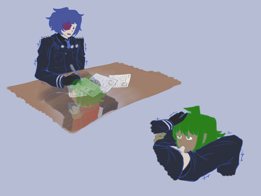 Rule 34 – 2boys blowjob blue hair clothed danganronpa danganronpa another fanganronpa green eyes green hair kinjo tsurugi oral otori teruya red eyes sdra2 super danganronpa another 2 under desk yaoi | 7077032