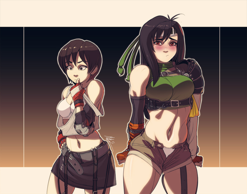 Rule 34 – athletic female belt black hair blush bra final fantasy final fantasy vii fit female headband huge breasts long hair looking at viewer medium breasts miniskirt outfit swap oversized clothes red eyes short hair small clothes tifa lockhart triplexmile yuffie kisaragi | 7592572