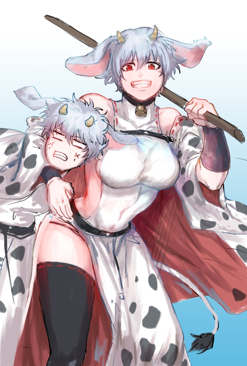 Rule 34 – 1boy 1girls 2021 alternate costume big breasts black legwear black thighhighs canon genderswap choke hold collar cow boy cow ears cow girl cow horns cow print cowbell dual persona female female focus genderswap (mtf) ginko sakata gintama gintoki sakata grin japanese clothes kemonomimi light blue hair looking at viewer male moromoro10101 new year red eyes rule 63 short hair sideboob silver hair smile thick thighs thighhighs very short hair white hair year of the ox | 7590618