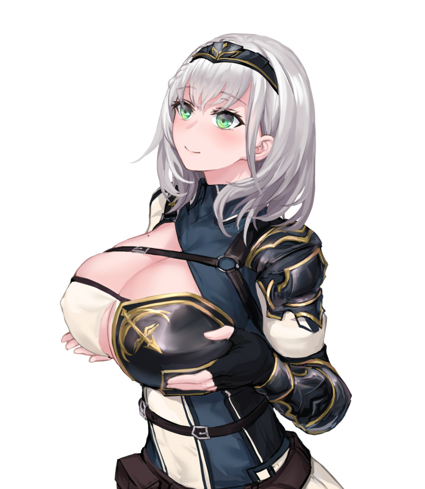 Rule 34 – alternate version available armor armored dress bangs belt belt pouch black gloves blush braid breasts brown belt chest guard cleavage cleavage cutout closed mouth clothing cutout collared dress commentary request covered nipples dress eyebrows visible through hair female fingerless gloves french braid gloves green eyes highres hololive huge breasts large breasts medium hair mole mole on breast paizuri invitation pauldrons pouch shirogane noel shoulder armor simple background single pauldron solo upper body virtual youtuber wavy hair white background white hair yeklsa | 6257124