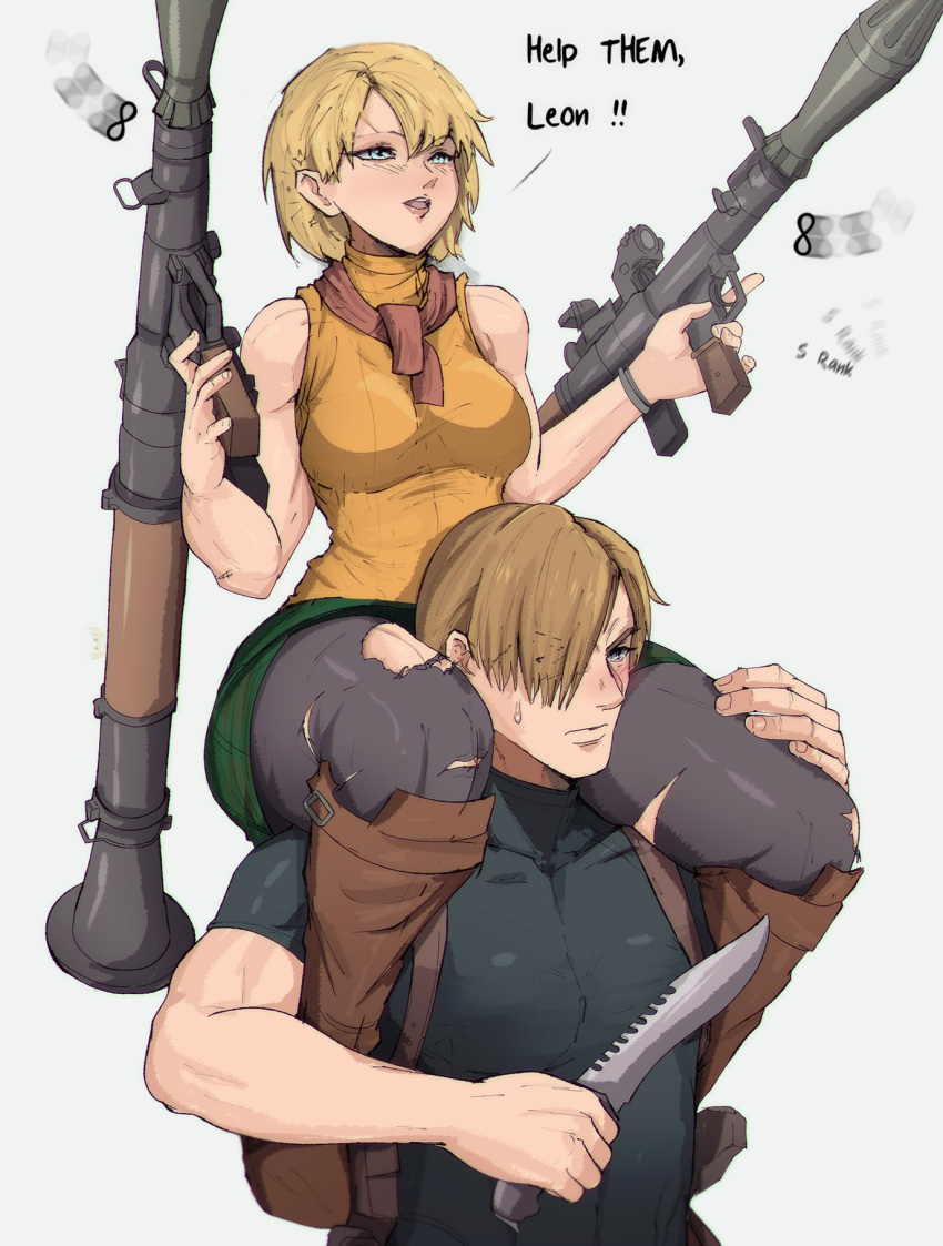 Rule 34 - 1boy 1girls Ashley Graham Ashley Graham (ella Freya) Biceps Blush  Capcom Carrying Carrying Partner Cowgirl Position English Text Head Between  Thighs Knife Leon Scott Kennedy Pantyhose Piggyback Resident Evil