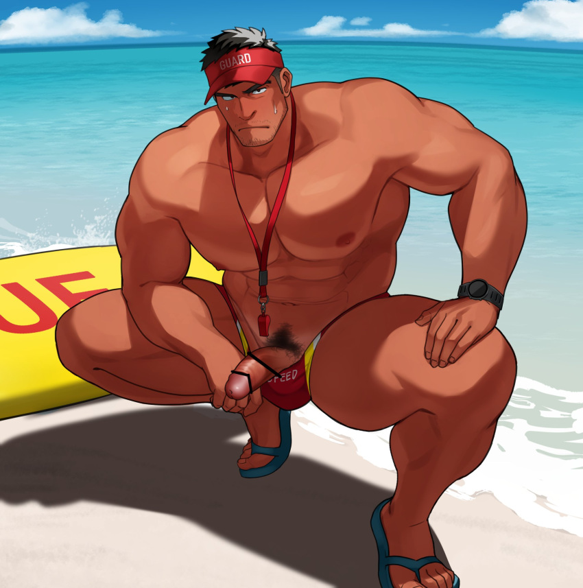 Rule 34 – 1boy abs bar censor bara beach black hair bodyguard censored day erection flip-flops highres large pectorals male focus male pubic hair male swimwear male swimwear pull muscular muscular male navel nipples original outdoors pectorals penis pubic hair red male swimwear sakuramarusan sandals short hair sky solo squatting swim trunks thick thighs thighs visor cap watch water wristwatch | 7569597