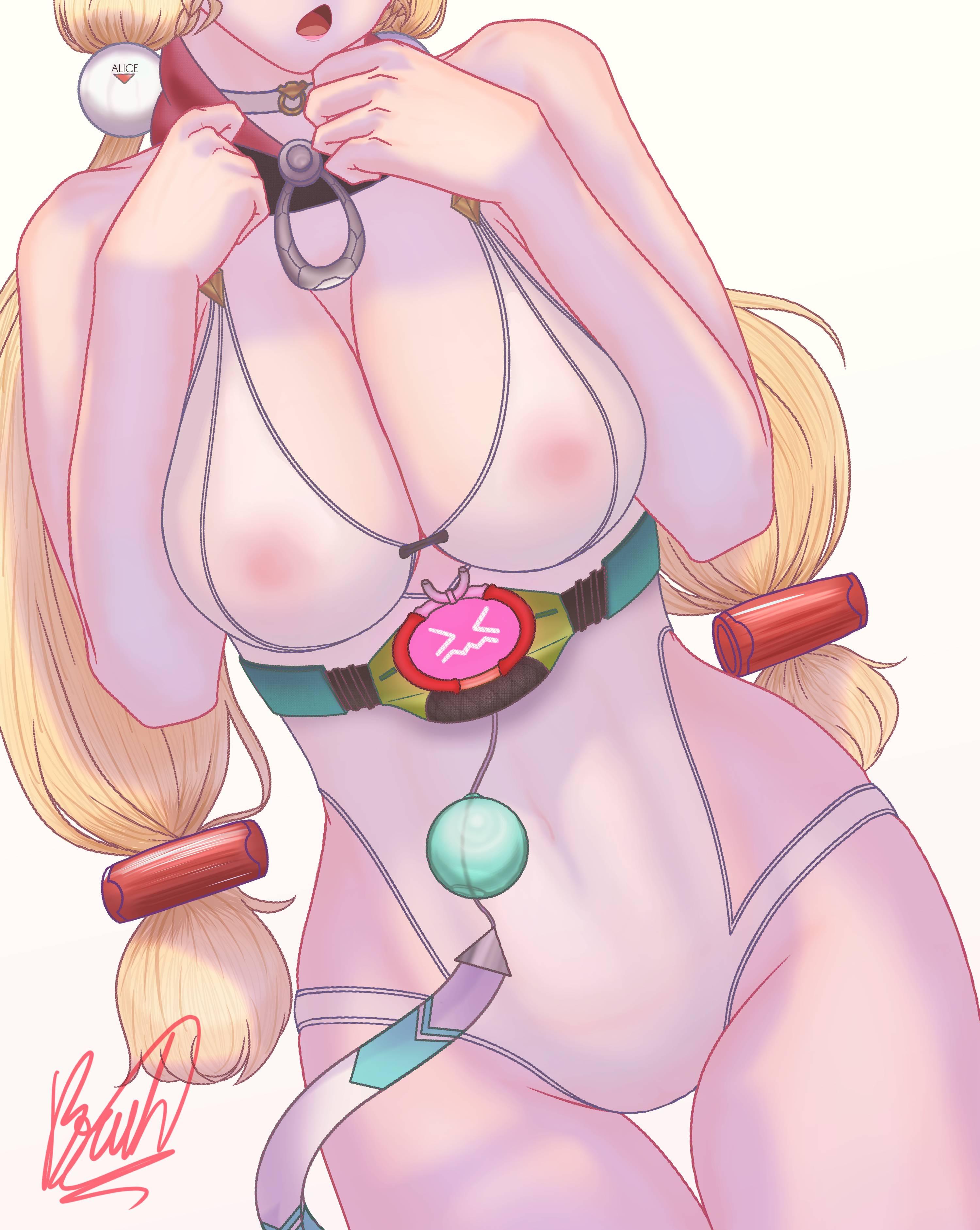 phyxs, alice thymefield, alice thymefield (sea of thyme), zenless zone zero, absurdres, highres, 1girl, blonde hair, breasts, breasts squeezed together, cleavage, covered erect nipples, covered navel, huge breasts, large breasts, low twintails, one-piece swimsuit, see-through clothes, skin tight, solo, sphere hair ornament, swimsuit, twintails