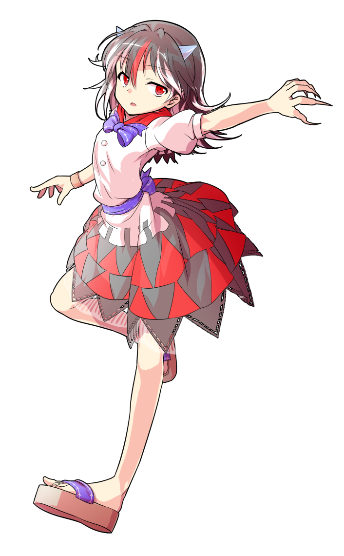 dairi, kijin seija, touhou, commentary request, large variant set, variant set, 1girl, alphes (style), black hair, bracelet, brown sandals, claws, cone horns, dress, full body, grey horns, horns, jewelry, medium hair, multicolored hair, outstretched arm, parody, puffy short sleeves, puffy sleeves, red hair, sandals, short sleeves, small horns, solo, streaked hair, style parody, tachi-e, transparent background, white hair