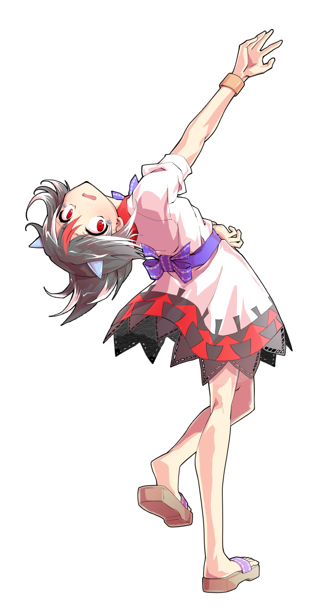 dairi, kijin seija, touhou, commentary request, highres, large variant set, variant set, 1girl, alphes (style), arm up, black hair, blush, bracelet, brown sandals, cone horns, dress, full body, grey horns, horns, jewelry, leaning back, medium hair, multicolored hair, outstretched arm, parody, puffy short sleeves, puffy sleeves, red hair, sandals, short sleeves, small horns, solo, streaked hair, style parody, tachi-e, transparent background, white hair