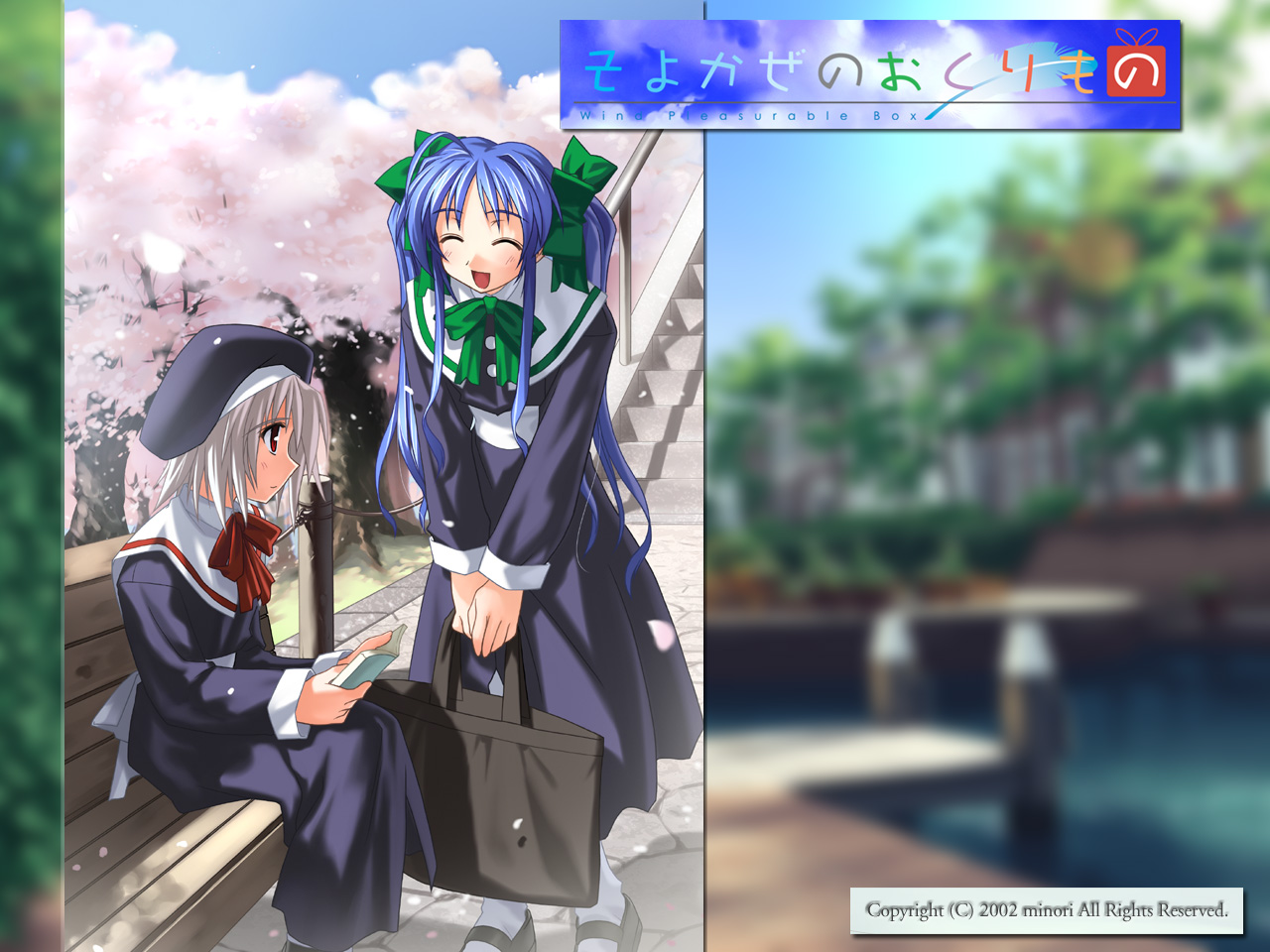 yuuki tatsuya, narukaze minamo, tsukishiro hikari, wind a breath of heart, 00s, 2girls, :d, ^ ^, black dress, blue hair, bow, bowtie, briefcase, cherry blossoms, closed eyes, dress, from side, full body, green bow, green bowtie, grey hair, holding, long hair, long sleeves, multiple girls, open mouth, outdoors, plant, profile, sailor collar, school briefcase, school uniform, serafuku, sidelocks, simple background, smile, spring (season), standing, tree, twintails, v arms