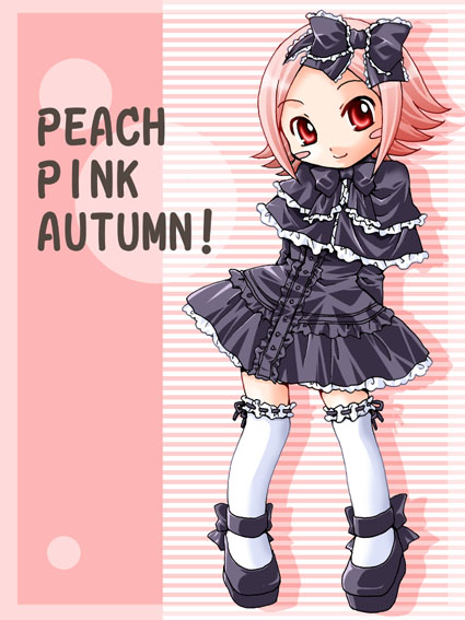 ayachin, kusajishi yachiru, bleach, 00s, 1girl, child, female focus, goth fashion, gothic lolita, lolita fashion, pink hair, red eyes, ribbon, smile, solo, standing, thighhighs