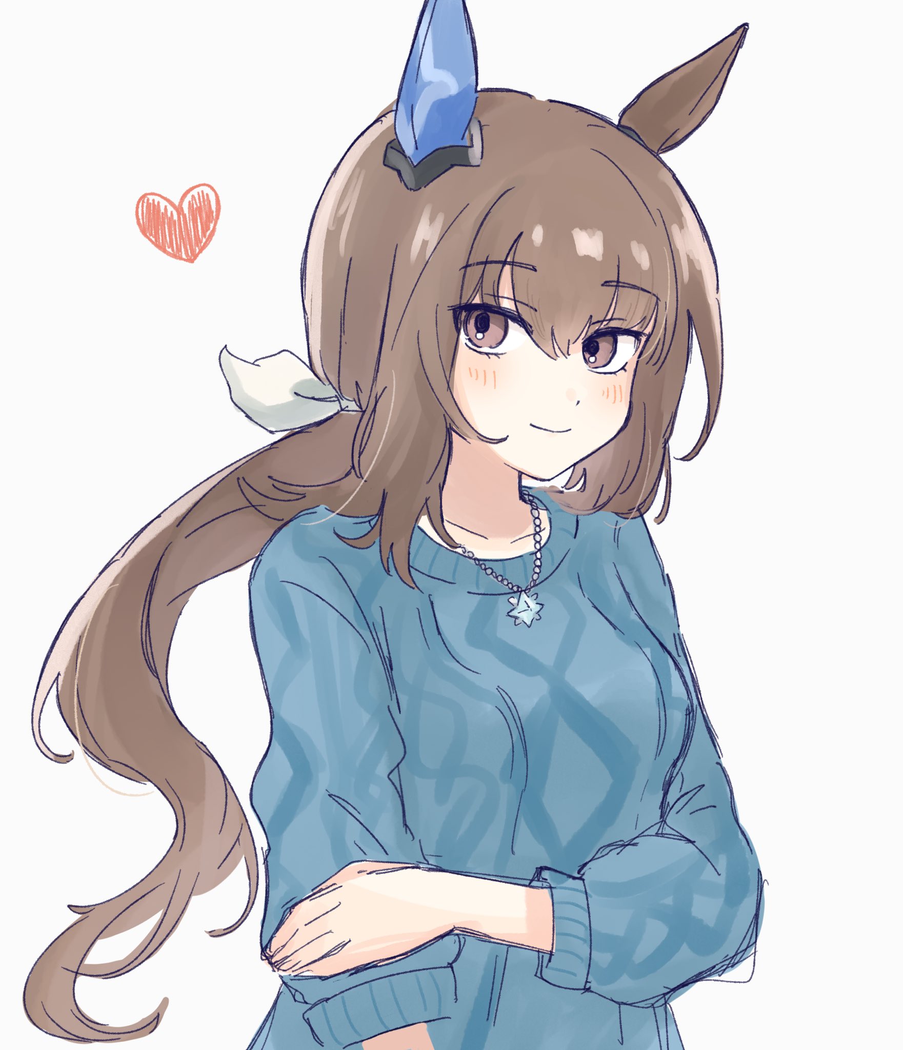 admire vega (umamusume), umamusume, highres, 1girl, amaebichaaaaan, animal ears, blue sweater, blush, breasts, brown hair, closed mouth, ear covers, hair between eyes, hair ornament, heart, horse ears, horse girl, jewelry, long hair, long sleeves, looking at viewer, low ponytail, necklace, ponytail, purple eyes, simple background, single ear cover, smile, solo, sweater, upper body, white background