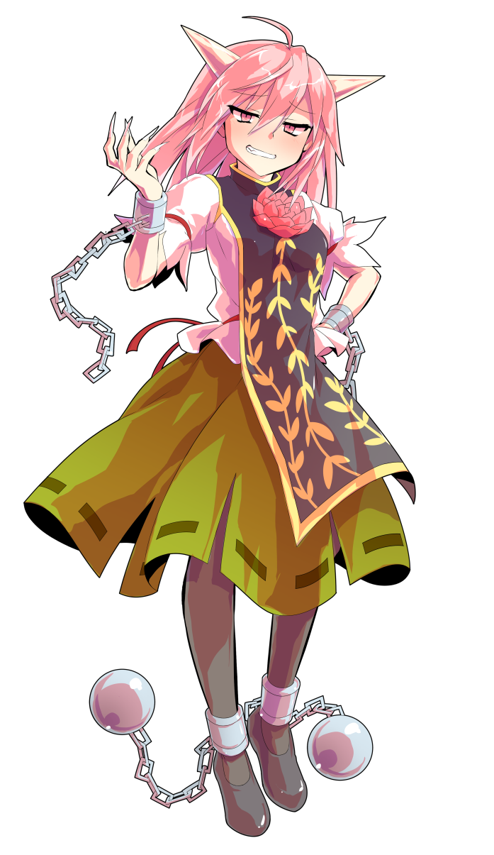 dairi, ibaraki douji's arm, touhou, commentary request, highres, large variant set, variant set, 1girl, ahoge, alphes (style), black pantyhose, black shoes, blush, breasts, full body, green skirt, hair between eyes, hand up, horns, medium breasts, medium hair, pantyhose, parody, pink hair, puffy short sleeves, puffy sleeves, ribbon-trimmed skirt, ribbon trim, shirt, shoes, short sleeves, skirt, solo, style parody, tachi-e, transparent background, white shirt, wrist cuffs