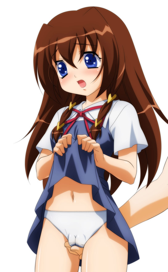 sugimura tomokazu, tachibana ichika, utakata, 00s, 1girl, blue eyes, blush, braid, brown hair, cleft of venus, clothes lift, crotch rub, fat mons, fingering, lifting own clothes, loli, long hair, panties, pussy juice, skirt, skirt lift, solo focus, twin braids, underwear