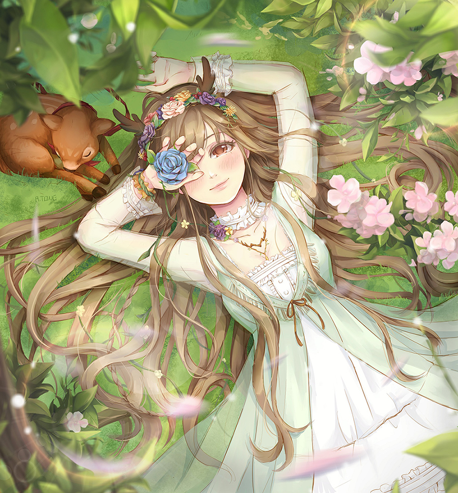 a.tong, miracle nikki, nikki (series), 1girl, antlers, arm above head, baby animal, blue flower, blue rose, brown eyes, brown hair, buttons, center frills, cherry blossoms, choker, closed mouth, collarbone, cowboy shot, day, deer, deer antlers, deer elf (miracle nikki), deer girl, dress, eyelashes, fawn, flower, frilled choker, frilled dress, frills, green dress, hair spread out, happy, head wreath, heart, heart necklace, holding, holding flower, horns, jewelry, layered dress, light blush, light particles, lipstick, lolita fashion, long hair, long sidelocks, lying, makeup, medium dress, necklace, nostrils, on back, one eye covered, outdoors, petals, pink flower, pink lips, purple flower, purple rose, rose, see-through clothes, see-through dress, see-through sleeves, sidelocks, smile, solo, square neckline, wavy hair, white choker, white dress, white flower, white rose