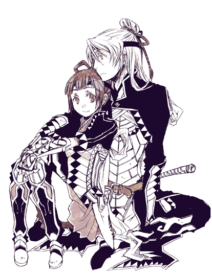 logicon, kyle (suikoden), miakis (suikoden), gensou suikoden, gensou suikoden v, 1boy, 1girl, armor, monochrome, purple theme