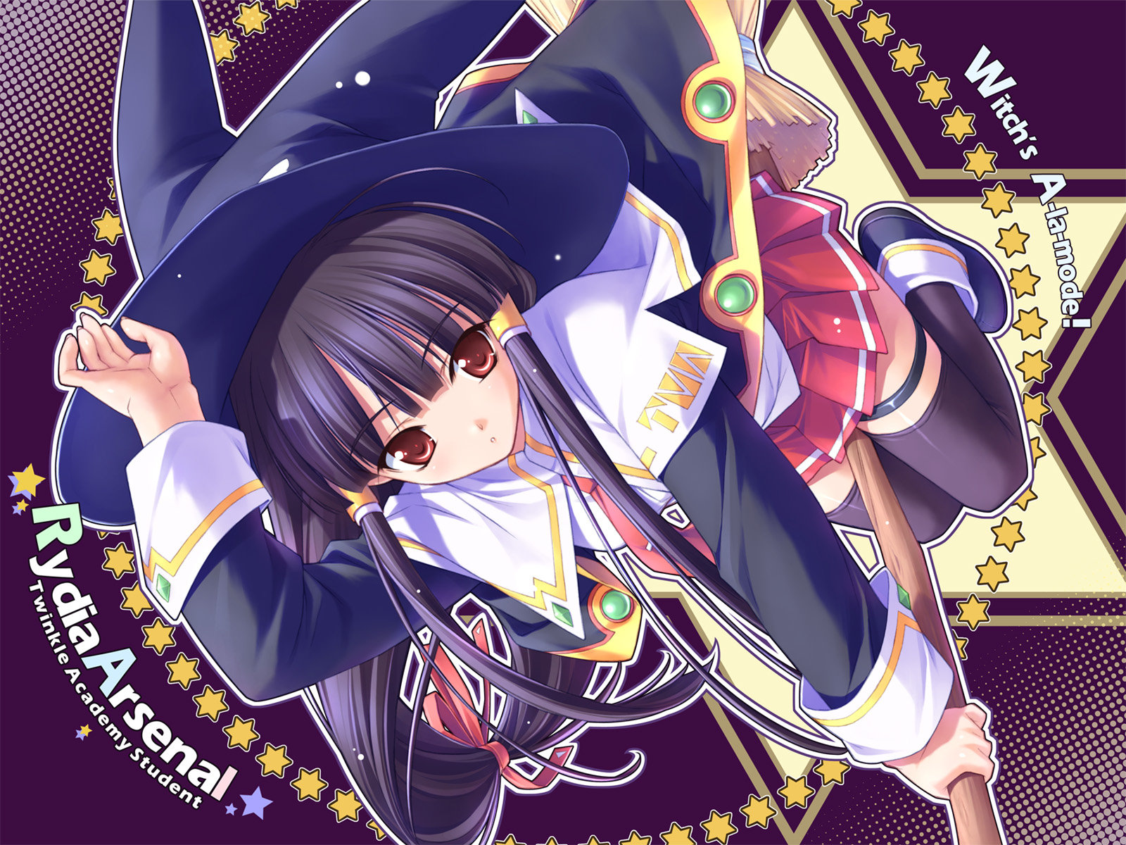 rydia arsenal, majokko a la mode, highres, 1girl, black hair, broom, english text, female focus, hair tubes, hat, long hair, red eyes, school uniform, serafuku, solo, thighhighs, witch