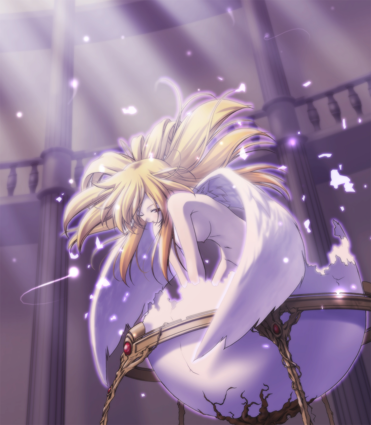 kazami haruki, original, highres, 1girl, angel, bent over, blonde hair, breasts, egg, fantasy, female focus, floating hair, hatching, large breasts, light rays, long hair, nipples, nude, one eye closed, red eyes, solo, sunbeam, sunlight, very long hair, wince, wings, wink