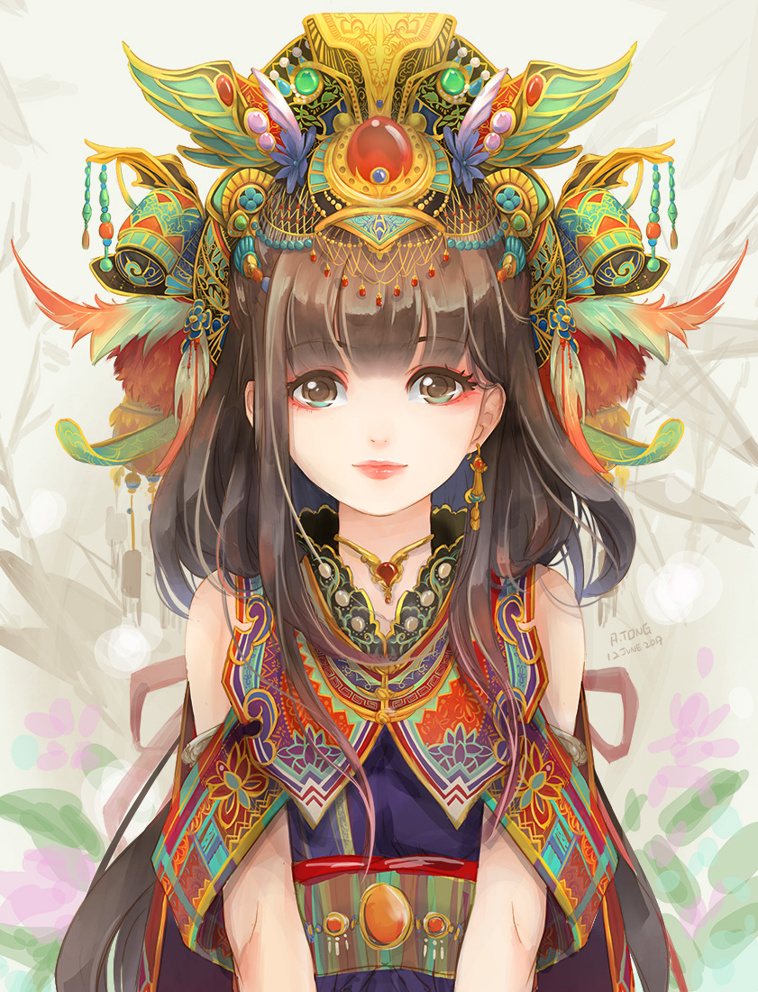 a.tong, original, 1girl, bare shoulders, beads, blunt bangs, brown eyes, brown hair, capelet, chinese clothes, closed mouth, clothing cutout, dated, day, dress, earrings, eyelashes, eyeshadow, gold earrings, gold necklace, guan hat, hair beads, hair ornament, happy, hat, hat feather, jewelry, lipstick, long hair, looking at viewer, makeup, multicolored hat, necklace, outdoors, palm leaf, pink lips, purple dress, red capelet, red eyeshadow, red ribbon, ribbon, shoulder cutout, sidelocks, signature, single earring, sleeveless, sleeveless dress, smile, solo, straight-on, upper body, very long hair