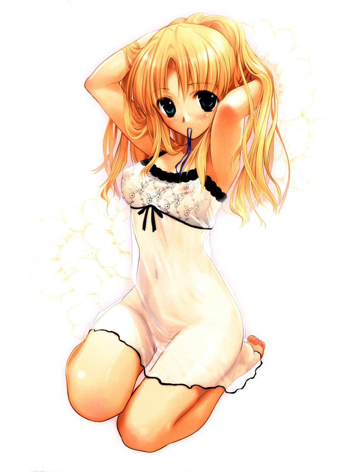 masaharu, sannomiya yukari, floralia, highres, 1girl, adjusting hair, armpits, arms up, blonde hair, blue eyes, blush, breasts, chemise, covered erect nipples, covered navel, female focus, female pubic hair, hands up, kneeling, lingerie, long hair, medium breasts, mouth hold, nipples, pubic hair, revealing clothes, see-through clothes, seiza, shirt, sitting, solo, taut clothes, taut shirt, underwear