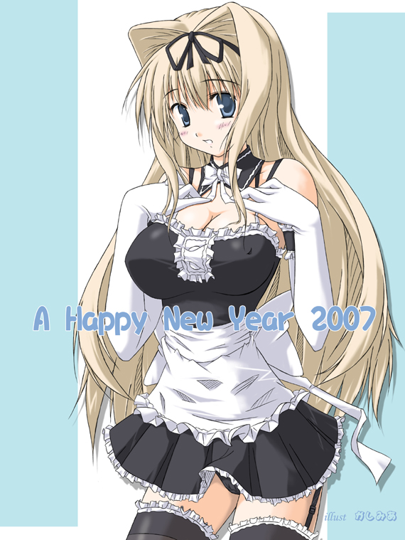 kusugawa sasara, to heart (series), to heart 2, 00s, 1girl, apron, black panties, blonde hair, blue eyes, blush, breasts, cleavage, clothes lift, covered erect nipples, elbow gloves, female focus, frilled thighhighs, frills, garter straps, gloves, hair intakes, hands up, large breasts, lingerie, long hair, maid, maid apron, miniskirt, panties, ribbon, skirt, skirt lift, solo, thighhighs, underwear